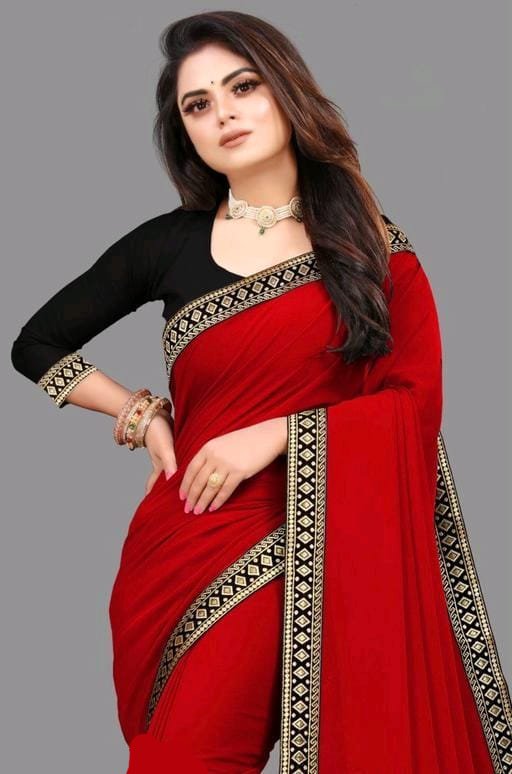 Zara Plain Georgette Saree — Classic Red