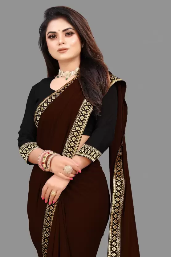 Zara Plain Georgette Saree — Coffee Brown