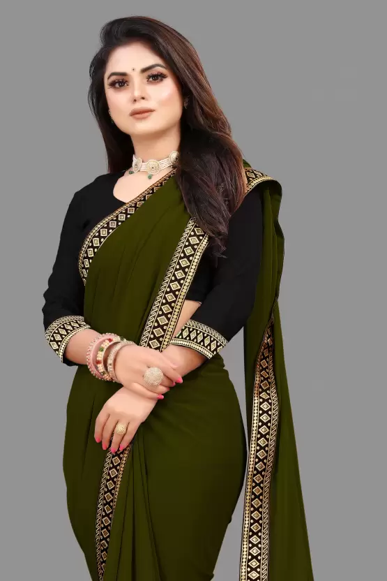 Zara Plain Georgette Saree — Mehendi Green