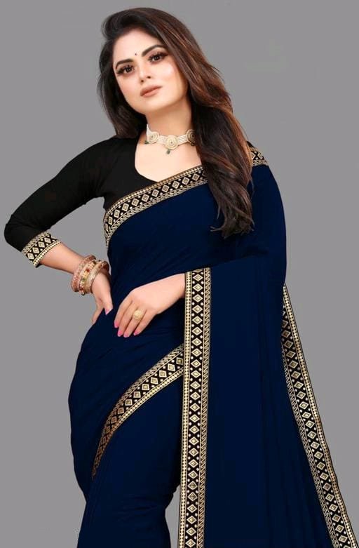 Zara Plain Georgette Saree — Navy Blue